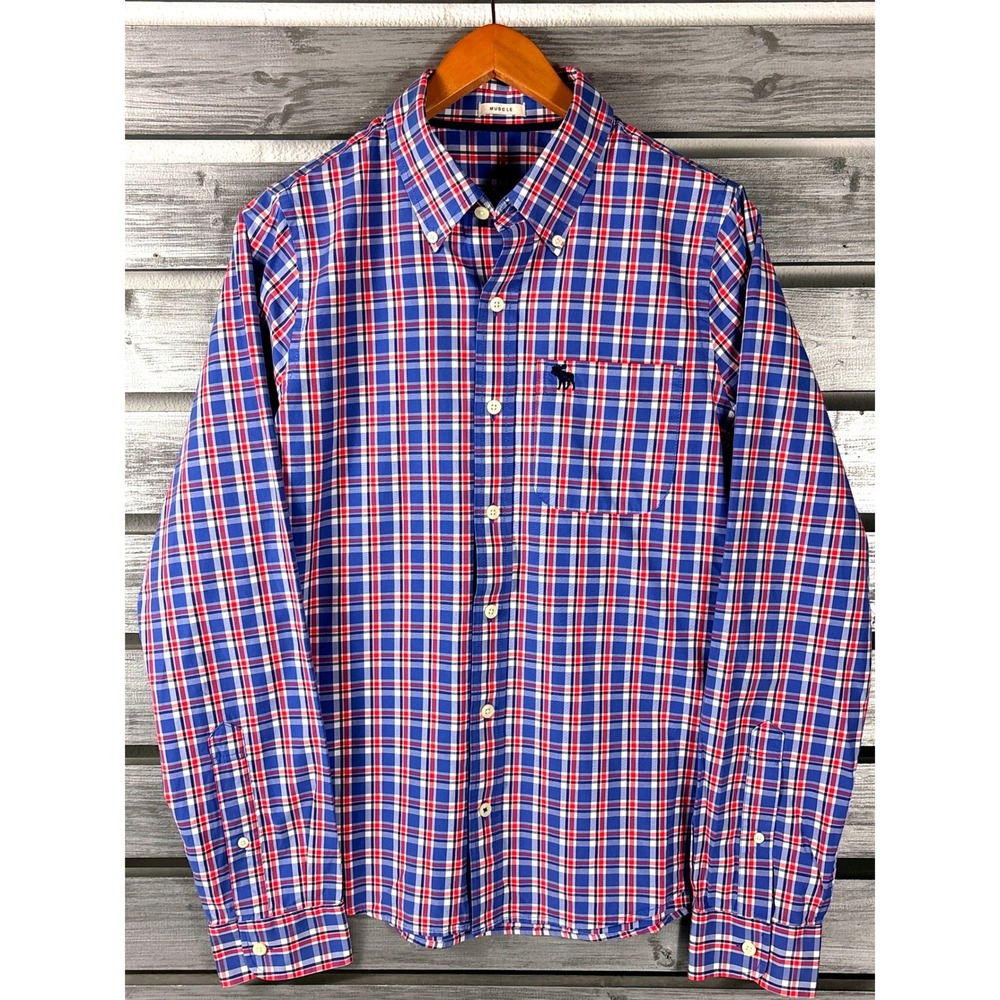 Abercrombie & Fitch Muscle Fit Plaid Button Down Shirt Blue Red Mens M vtg y2k